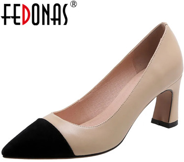 FEDONAS Concise Shallow Genuine Leather Women'S Shoes Mixed Colors Thick Heels Pumps Summer Elegant Working Casual Shoes Woman
