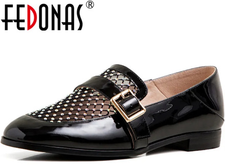 FEDONAS Cow Patent Leather 2020 Women Pumps Splice Basic Thick Heels Pumps Spring Summer Retro Button Decoration New Shoes Woman