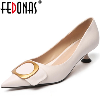 FEDONAS Elegant Concise Women Cow Leather Wedding Casual Ring Metal Decoration Pointed Toe Thin Heel Shallow New Shoes Woman