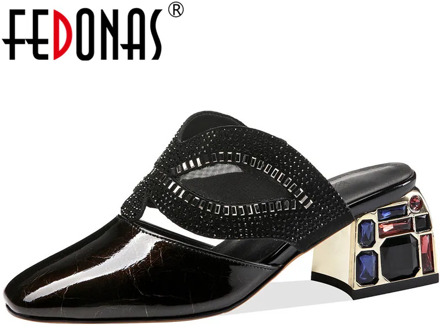 FEDONAS Elegant Crystal Fashion Women Mules Summer Genuine Leather Newest Thick Heels Pumps Slingbacks Party Basic Shoes Woman