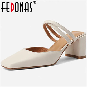 FEDONAS Elegant Genuine Leather Women Mules Summer Square Toe Thick Heels Pumps 2020 Summer Casual Working House Shoes Woman