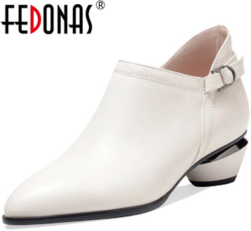 FEDONAS Elegant Side Zipper Genuine Leathr Women Shoes 2020 Autumn Metal Buckle Thick Heels Pumps Wedding Office Shoes Woman
