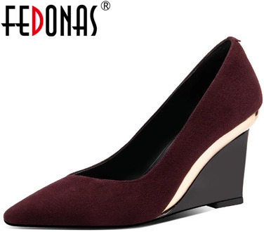 FEDONAS Elegant Suede Leather Shoes For Women Shallow Concise Pointed Toe Wedged High Heels Pumps Autumn Wedding Shoes Woman