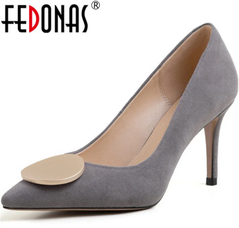 FEDONAS Elegant Wedding Shoes For Women Metal Decoration Kid Suede Leather High Heels Pumps Heels 2020 Summer Autumn Shoes Woman