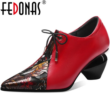 FEDONAS Embroider Pointeh Toe Ladies Shoes Elegant Genuine Leather Strange Heels Pumps Lace Up Party Prom 2020 New Shoes Woman