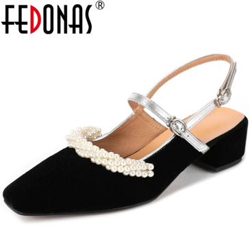 FEDONAS Euro Style 2020 Spring Summer Slingbacks Women Solid Color Pearl String Bead Pumps Square Toe Buckle Strap Shoes Woman