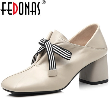 FEDONAS Euro Style Elegant Fashion Women Cow Leather Thick Heels Working Wedding Butterfly Knot Lace-Up Shoes New Shoes Woman