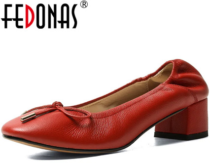 FEDONAS Fashion Butterfly Knot Red Women's Shoes Genuine Leather Pleated Thick Heels Pumps 2020 Newest Party Working Shoes Woman