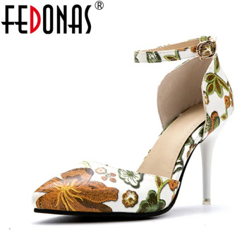 FEDONAS Fashion Elegant Pointed Toe Super Woman Pumps 2021 New Summer Party Shoes Woman Sexy Vintage Prints Buckle Prom Shoes