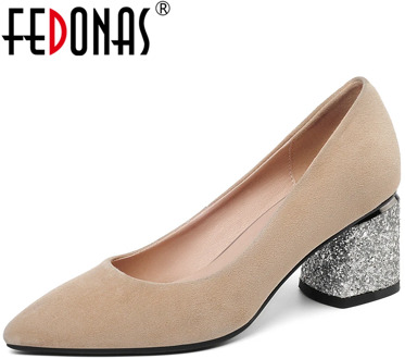 FEDONAS Fashion Elegant Women Kid Suede Shoes 2020 Spring Summer New Casual Pointed Toe Sequined Thick Heel Shallow Shoes Woman