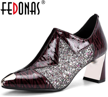 FEDONAS Fashion Glitter Genuine Leather Shoes For Women Pointed Toe High Heels Pumps 2020 Autumn Wedding Party Shoes Woman Heels
