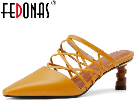 FEDONAS Fashion Lace Up Genuine Leather Women Mules 2020 Spring Summer Pointed Toe High Heels Sandals Vintage Party Shoes Woman