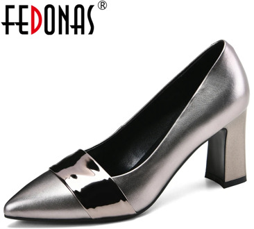 FEDONAS Fashion Mature Elegant Classic Women Cow Leather Pointed Toe Thick Heeled Shallow Wedding Office Spring New Shoes Woman