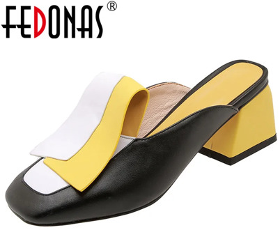 FEDONAS Fashion Mixed Colors Pu Leather Women Pumps Classic Rome Square Toe Hoof Heels Summer Sandals Mules Casual Shoes Woman