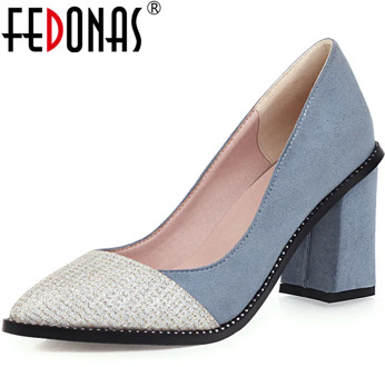 FEDONAS Fashion Point Toe Women Square Heeled Pumps Rivets Color Matching Prom Wedding Shoes Spring Summer New 2020 Shoes Woman