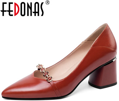 FEDONAS Fashion Women Cow Leather Shoes Spring Summer Casual Rhinestone Metal Chain Pointed Toe Thick Heel Shallow Shoes Woman