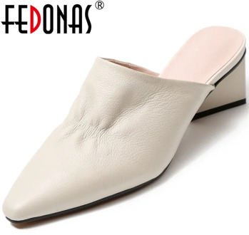 FEDONAS Genuine Leather Pleated Women Mules 2020 Summer Pointed Toe Thick High Heels Sandals Slingbacks Party Shoes Woman Heels
