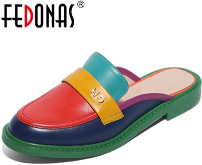 FEDONAS Genuine Leather Round Toe Women Mules 2020 Summer Slingbacks Low Heels Sandals For Lady Casual Working Shoes Woman Heels