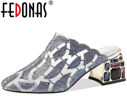 FEDONAS Glitter Crystal Square Toe Women Mules Genuine Leather High Heels Pumps Spring Summer Wedding Office Lady Shoes Woman