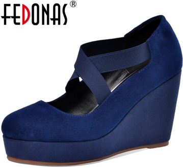 FEDONAS Kid Suede Leather Round Toe Women Shoe Wedged Platforms High Heels Pumps Elastic Band Spring Summer Sexy Shoes Woman
