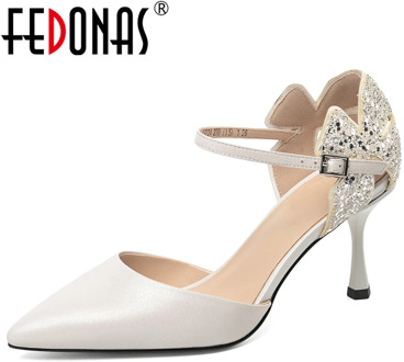 FEDONAS Mature Elegant Women Sheepskin Party Wedding Side Fretwork Ankle Buckle Blingbling Pointed Toe Thin Heels Shoes Woman