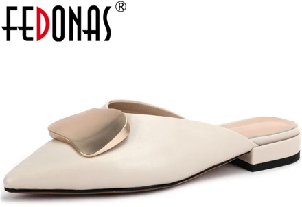 FEDONAS Metal Desoration Fashion Women Mules Genuine Leather Pointed Toe Low Heels Sandals Women 2020 Summer Basic Shoes Woman