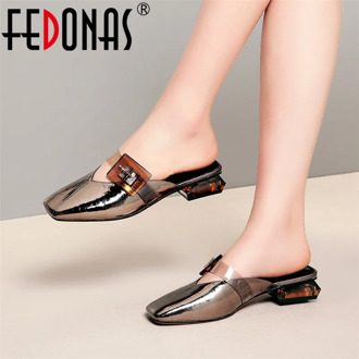 FEDONAS Mules Shoes Women Sexy Pumps Big Buckle Decoration Small Sqaure Toe Low Heels Spring Summer Pumps Nigh Club Shoes Woman