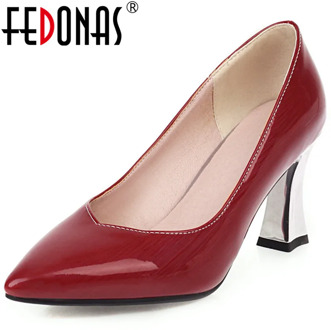 FEDONAS New 2020 Top Quality Women Heavy Metal Heeled Party Pumps Bright Leather Summer Spring Classic Point Toe Shoes Woman