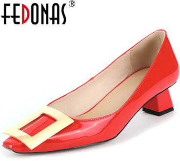 FEDONAS New Arrival Spring Summer Metal Decoration Women Party Prom Pumps Square Toe Patent Leather Fashion Retro Shoes Woman