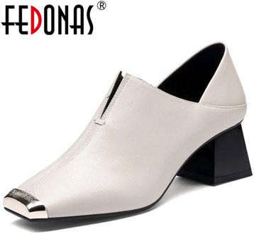 FEDONAS New Arrival Women Night Club Square Toe Pumps Spring Summer Metal Decoration Shoes Genuine Leather Elegant Shoes Woman