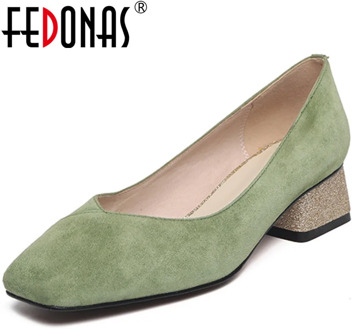 FEDONAS New Arrival Women Party Wedding Pumps Spring Summer Square Heels Shoes Suede Leather High Quality Shoes Woman