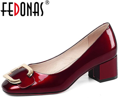 FEDONAS New Brand Women Retro Party Square Heels Pumps Spring Summer Metal Decoration Shoes Patent Leather Shoes Woman