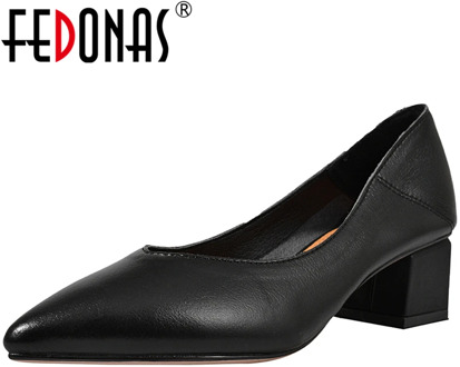 FEDONAS New Classic Design Concise Elegant Women Solid Color Cow Leather Pumps Pointed Toe Thick Heel Shallow Casual Shoes Woman
