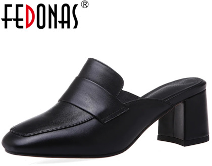 FEDONAS New Euro Style Concise Women Cow Leather Solid Color Shoes Slingbacks Thick Heel Casual Comfortable Slip-On Shoes Woman