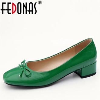 FEDONAS New Sweet Women Low Heeled Basic Pumps Round Toe Butterfly Knot Wedding Party Shoes Woman Genuine Leather New Shoes