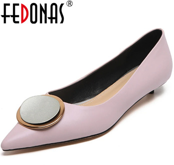 FEDONAS New Women Cow Leather Concise Wedding Casual Shoes Metal Decoration Pointed Toe Thin Heel Shallow Slip-On Shoes Woman