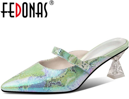 FEDONAS Newest Slingbacks Mixed Colors Women Mules Genuine Leather Strange Heels Pumps 2020 Spring Summer Night Club Shoes Woman
