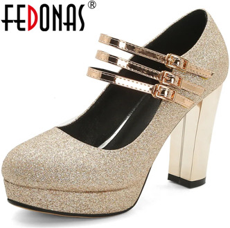 FEDONAS Night Clud Suede Sequins Leather Spring Summe Slip On Pumps Sexy Shoes Thick Heels Waterproof Platform 2020 Shoes Woman