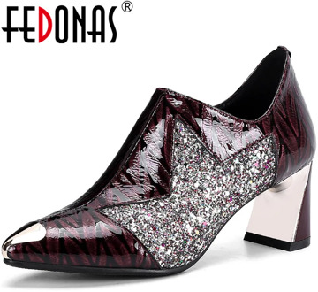 FEDONAS Sexy Elegant Glitters Shoes For Women Genuine Leather Side Zipper Thick Heels Women Pumps Party Dancing Shoes Woman