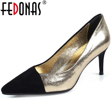 FEDONAS Sexy Mixed Colors Genuine Leather Women'S Summer Shoes Pointed Toe High Heels Pumps 2020 Fashion Wedding Shoes Woman