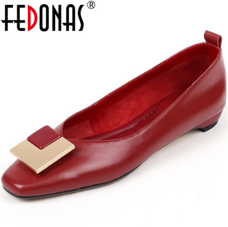 FEDONAS Shallow Genuine Leather Women Loafers Metal Decoration Square Toe Low Heels Pumps Summer Autumn Party Casual Shoes Woman