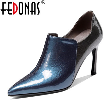 FEDONAS Side Zipper Elegant Women Pumps Shallow High Heels Shoes Female Spring Dancing Shoes Woman Genuine Cow Patent Leather