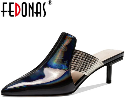 FEDONAS Slingbacks Genuine Leather Mules Single Elegant Thin Heels Pumps Wedding Night Club 2020 Summer Pointed Toe Shoes Woman