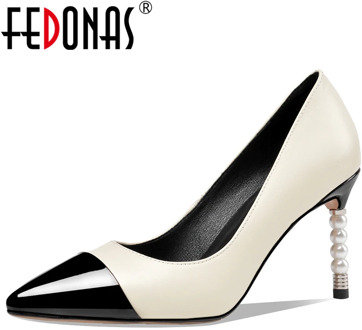 FEDONAS Spring Fashion Concise Elegant Women Cow Leather Pumps Wedding Party Metal Pointed Toe Pearl Heel Shallow Shoes Woman
