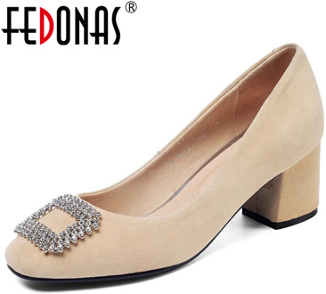 FEDONAS Spring New Comfortable Kid Suede High Heels Crystal Buckle Elegant Women Basic Pumps Party Prom Wedding Shoes Woman