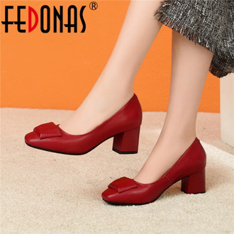 FEDONAS Spring Quality Genuine Leather Shallow Women Brand Pumps Elegant Office Basic Dancing Shoes Woman Plus Size Square Heels