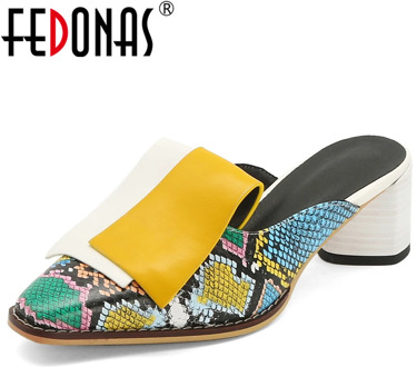 FEDONAS Spring Summer New Fashion Mature Women Wedding Casual Shoes Snake Pattern Mixed Colors Thick Heel Slingbacks Shoes Woman