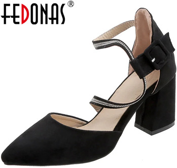 FEDONAS Sweet Concise Women Suede Leather Wedding Party Pointed Toe Thick High Heeled Shallow Rhinestone Slip On Shoes Woman