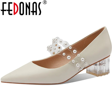 FEDONAS Sweet Fashion Pearl Decoration Pointed Toe Handmade Shoes For Women Genuine Leather High Heels Pumps Party Shoes Women