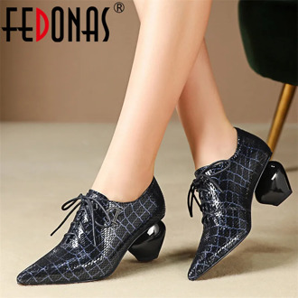 FEDONAS Top Quality Print SheepSkin Single Shoes Woman 2021 New Basic Lace Up Pointed Toe Women Pumps Party Office Casual Shoes